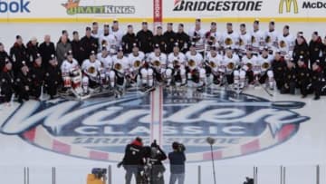 Dec 31, 2014; Washington, DC, USA; Chicago Blackhawks players pose for a team photo during practice the day before the 2015 Winter Classic hockey game against the Washington Capitals at Nationals Park. Mandatory Credit: H.Darr Beiser-USA TODAY Sports