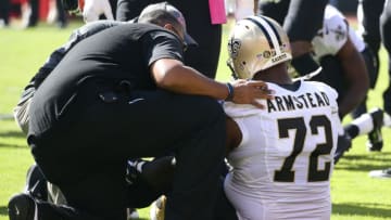 23 Oct 2016: New Orleans Saints tackle Terron Armstead (72) is tended to by the medical staff after an injury during a week 7 NFL game between the New Orleans Saints and Kansas City Chiefs at Arrowhead Stadium in Kansas City, MO. The Chiefs won 27-21. (Photo by Scott Winters/Icon Sportswire via Getty Images)