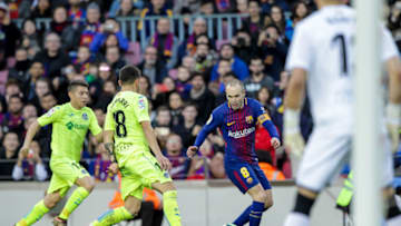 11th February 2018, Camp Nou, Barcelona, Spain; La Liga football, Barcelona versus Getafe; Andres Iniesta holds off Mauro Arambarri of Getafe (Photo by Pedro Salado/Action Plus via Getty Images)