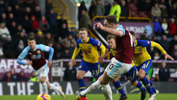 BURNLEY, ENGLAND - FEBRUARY 02: Ashley Barnes of Burnley scores his team's first goal from the penalty spot during the Premier League match between Burnley FC and Southampton FC at Turf Moor on February 2, 2019 in Burnley, United Kingdom. (Photo by Alex Livesey/Getty Images)