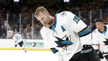 BOSTON, MA - FEBRUARY 26: San Jose Sharks center Joe Thornton (19) in warm up before a game between the Boston Bruins and the San Jose Sharks on February 26, 2019, at TD Garden in Boston, Massachusetts. (Photo by Fred Kfoury III/Icon Sportswire via Getty Images)
