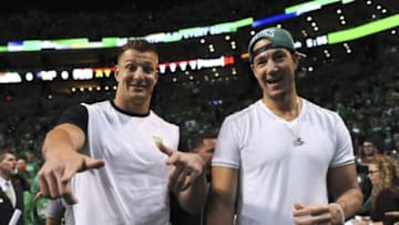 Apr 24, 2016; Boston, MA, USA; New England Patriot tight end Rob Gronkowski and his brother Gordie pose for a photo prior to the start of game four of the first round of the NBA Playoffs between the Boston Celtics and Atlanta Hawks at TD Garden. Mandatory Credit: Bob DeChiara-USA TODAY Sports