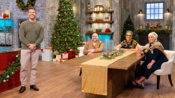 Host Jesse Palmer, Judges Duff Goldman, Carla Hall and Nancy Fuller, portrait, as seen on Holiday Baking Championship, Season 10.