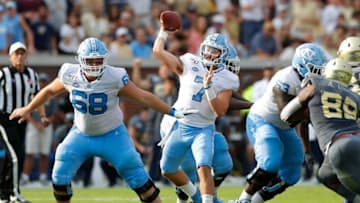 ATLANTA, GEORGIA - OCTOBER 05: Sam Howell #7 of the North Carolina Tar Heels looks to pass against the Georgia Tech Yellow Jackets in the first half at Bobby Dodd Stadium on October 05, 2019 in Atlanta, Georgia. (Photo by Kevin C. Cox/Getty Images)
