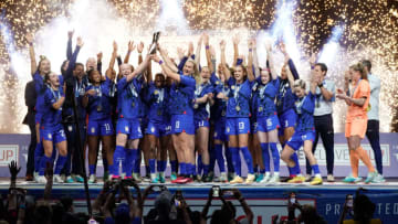 Feb 22, 2023; Frisco, Texas, USA; United States players celebrate after winning the 2023 SheBelieves Cup after defeating Brazil at Toyota Stadium. Mandatory Credit: Chris Jones-USA TODAY Sports