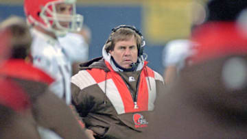 PITTSBURGH, PA - DECEMBER 18: Head coach Bill Belichick of the Cleveland Browns looks on from the sideline during a game against the Pittsburgh Steelers at Three Rivers Stadium on December 18, 1994 in Pittsburgh, Pennsylvania. The Steelers defeated the Browns 17-7. (Photo by George Gojkovich/Getty Images)