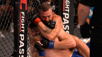 LAS VEGAS, NV - JULY 17: (R-L) Austin Vanderford attempts to submit Angelo Trevino in their welterweight fight during Dana White's Tuesday Night Contender Series at the TUF Gym on July 17, 2018 in Las Vegas, Nevada. (Photo by Chris Unger/DWTNCS LLC)
