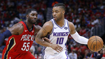 NEW ORLEANS, LA - OCTOBER 19: Frank Mason III #10 of the Sacramento Kings drives against E'Twaun Moore #55 of the New Orleans Pelicans during the second half at the Smoothie King Center on October 19, 2018 in New Orleans, Louisiana. NOTE TO USER: User expressly acknowledges and agrees that, by downloading and or using this photograph, User is consenting to the terms and conditions of the Getty Images License Agreement. (Photo by Jonathan Bachman/Getty Images)