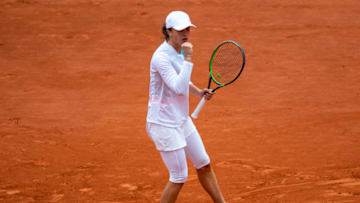 PARIS, FRANCE - OCTOBER 08: Iga Swiatek of Poland celebrates her victory over Nadia Podoroska of Argentina in the semi-finals of the women’s singles at Roland Garros on October 08, 2020 in Paris, France.