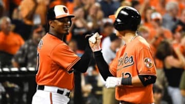 Aug 1, 2015; Baltimore, MD, USA; Baltimore Orioles third baseman Manny Machado (13) celebrates with center fielder Adam Jones (10) after his seventh inning two run home run against the Detroit Tigers at Oriole Park at Camden Yards. Baltimore Orioles defeats Detroit Tigers 6-2. Mandatory Credit: Tommy Gilligan-USA TODAY Sports