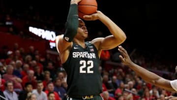 PISCATAWAY, NJ - DECEMBER 05: Miles Bridges #22 of the Michigan State Spartans takes a three point shot in the second half against the Rutgers Scarlet Knights on December 5, 2017 at the Rutgers Athletic Center in Piscataway, New Jersey. (Photo by Elsa/Getty Images)