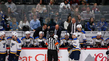 DENVER, CO - OCTOBER 19: St. Louis Blues Head Coach Mike Yeo speaks with referee Brad Watson about a coaches challenge during the third period of a regular season game between the Colorado Avalanche and the visiting St. Louis Blues on October 19, 2017, at the Pepsi Center in Denver, CO. (Photo by Russell Lansford/Icon Sportswire via Getty Images)