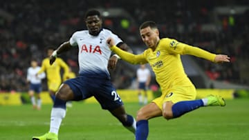 LONDON, ENGLAND - NOVEMBER 24: Eden Hazard of Chelsea is challenged by Serge Aurier of Tottenham Hotspur during the Premier League match between Tottenham Hotspur and Chelsea FC at Tottenham Hotspur Stadium on November 24, 2018 in London, United Kingdom. (Photo by David Ramos/Getty Images)