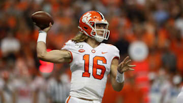 SYRACUSE, NEW YORK - SEPTEMBER 14: Trevor Lawrence #16 of the Clemson Tigers throws the ball during a game against the Syracuse Orange at the Carrier Dome on September 14, 2019 in Syracuse, New York. (Photo by Bryan M. Bennett/Getty Images)