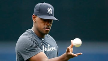 NEW YORK, NEW YORK - JUNE 19: Luis Severino #40 of the New York Yankees warms up on the field prior to a game against the Tampa Bay Rays at Yankee Stadium on June 19, 2019 in New York City. (Photo by Jim McIsaac/Getty Images)