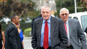 Jan 23, 2016; San Dimas, CA, USA; Nebraska Cornhuskers former head coach Tom Osborne (center) arrives for the funeral services for NFL former player Lawrence Phillips held at Christ Church of the Valley.Mandatory Credit: Jayne Kamin-Oncea-USA TODAY Sports