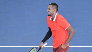 BRISBANE, AUSTRALIA - JANUARY 01: Nick Kyrgios of Australia reacts in his match against Ryan Harrison of USA during day three of the 2019 Brisbane International at Pat Rafter Arena on January 01, 2019 in Brisbane, Australia. (Photo by Albert Perez/Getty Images)
