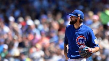 Mar 27, 2016; Mesa, AZ, USA; Chicago Cubs starting pitcher Jason Hammel (39) reacts to giving up a three run home run to Seattle Mariners second baseman Robinson Cano (not pictured) during the second inning at Sloan Park. Mandatory Credit: Jake Roth-USA TODAY Sports