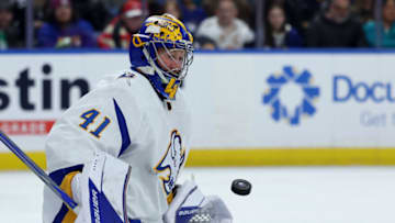 Nov 25, 2022; Buffalo, New York, USA; Buffalo Sabres goaltender Craig Anderson (41) looks to make a save during the third period against the New Jersey Devils at KeyBank Center. Mandatory Credit: Timothy T. Ludwig-USA TODAY Sports