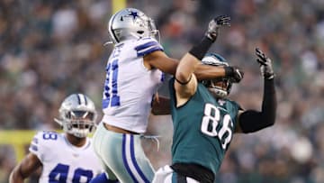 PHILADELPHIA, PENNSYLVANIA - DECEMBER 22: Byron Jones #31 of the Dallas Cowboys breaks up a pass intended for Zach Ertz #86 of the Philadelphia Eagles during the first half in the game at Lincoln Financial Field on December 22, 2019 in Philadelphia, Pennsylvania. (Photo by Patrick Smith/Getty Images)