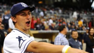 May 16, 2013; San Diego, CA, USA; Texas A&M quarterback Johnny Manziel before throwing out the first pitch prior to the San Diego Padres game against the Washington Nationals at Petco Park. Mandatory Credit: Christopher Hanewinckel-USA TODAY Sports