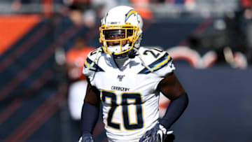 CHICAGO, ILLINOIS - OCTOBER 27: Desmond King II #20 of the Los Angeles Chargers warms up before the game against the Chicago Bears at Soldier Field on October 27, 2019 in Chicago, Illinois. (Photo by Dylan Buell/Getty Images)