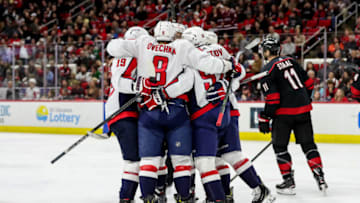 RALEIGH, NC - JANUARY 03: The Washington Capitals celebrate a second period goal during an NHL game between the Carolina Hurricanes and the Washington Capitals on January 3, 2020 at the PNC Arena in Raleigh, NC. (Photo by John McCreary/Icon Sportswire via Getty Images)