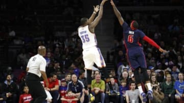 Dec 7, 2014; Auburn Hills, MI, USA; Oklahoma City Thunder forward Kevin Durant (35) takes a shot over Detroit Pistons forward Josh Smith (6) during the fourth quarter at The Palace of Auburn Hills. The Thunder beat the Pistons 96-94. Mandatory Credit: Raj Mehta-USA TODAY Sports