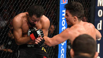 MINNEAPOLIS, MN - JUNE 29: (R-L) Joseph Benavidez punches Jussier Formiga of Brazil in their flyweight bout during the UFC Fight Night event at the Target Center on June 29, 2019 in Minneapolis, Minnesota. (Photo by Josh Hedges/Zuffa LLC/Zuffa LLC via Getty Images)
