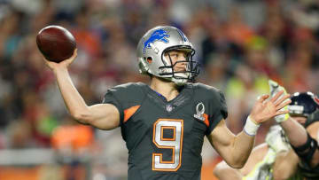 GLENDALE, AZ - JANUARY 25: Team Irvin quarterback Matthew Stafford #9 of the Detroit Lions throws a pass during the first half of the 2015 Pro Bowl at University of Phoenix Stadium on January 25, 2015 in Glendale, Arizona. (Photo by Christian Petersen/Getty Images)