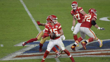 MIAMI, FLORIDA - FEBRUARY 02: Patrick Mahomes #15 of the Kansas City Chiefs looks to pass against the San Francisco 49ers in Super Bowl LIV at Hard Rock Stadium on February 02, 2020 in Miami, Florida. The Chiefs won the game 31-20. (Photo by Focus on Sport/Getty Images)