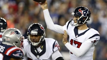 Sep 22, 2016; Foxborough, MA, USA; Houston Texans quarterback Brock Osweiler (17) makes a pass during the fourth quarter against the New England Patriots at Gillette Stadium. The Patriots won 27-0. Mandatory Credit: Greg M. Cooper-USA TODAY Sports