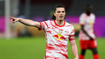 BERLIN, GERMANY - MAY 13: Marcel Sabitzer of RB Leipzig runs gestures during the DFB Cup final match between RB Leipzig and Borussia Dortmund at Olympic Stadium on May 13, 2021 in Berlin, Germany. Sporting stadiums around Germany remain under strict restrictions due to the Coronavirus Pandemic as Government social distancing laws prohibit fans inside venues resulting in games being played behind closed doors. (Photo by Martin Rose/Getty Images)