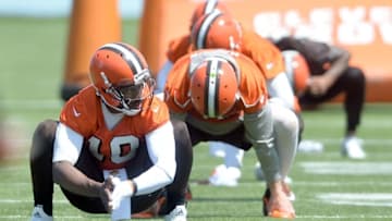 May 18, 2016; Berea, OH, USA; Cleveland Browns quarterback Robert Griffin (10) stretches during official training activities at the Cleveland Browns training facility. Mandatory Credit: Ken Blaze-USA TODAY Sports