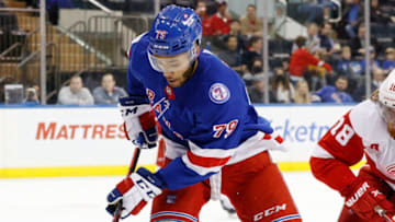 NEW YORK, NEW YORK - APRIL 16: K'Andre Miller #79 of the New York Rangers skates with the puck during the second period against the Detroit Red Wings at Madison Square Garden on April 16, 2022 in New York City. (Photo by Sarah Stier/Getty Images)