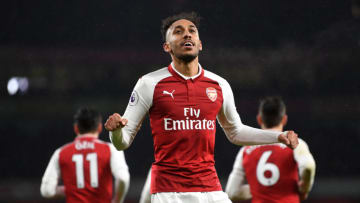 LONDON, ENGLAND - FEBRUARY 03: Pierre-Emerick Aubameyang of Arsenal celebrates after scoring his sides fourth goal during the Premier League match between Arsenal and Everton at Emirates Stadium on February 3, 2018 in London, England. (Photo by Michael Regan/Getty Images)