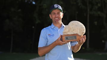PLAYA DEL CARMEN, MEXICO - NOVEMBER 18: Brendon Todd of the United States celebrates with the trophy on the 18th green after winning the Mayakoba Golf Classic at El Camaleon Mayakoba Golf Course on November 18, 2019 in Playa del Carmen, Mexico. (Photo by Gregory Shamus/Getty Images)