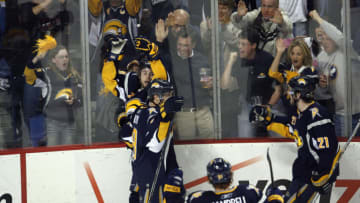 Apr 27, 2007; Buffalo, NY, USA; Buffalo Sabres Brain Campbell (51) Derek Roy (9) Drew Stafford (21) celebrate the game winning goal by Thomas Vanek (26) (at top left) against the New York Rangers at HSBC Arena. Mandatory Credit: Craig Melvin-USA TODAY Sports Copyright (c) 2007 by Craig Melvin