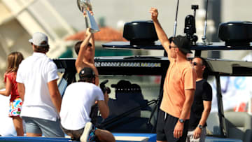 TAMPA, FLORIDA - FEBRUARY 10: Tom Brady #12 of the Tampa Bay Buccaneers celebrates during the Tampa Bay Buccaneers Super Bowl boat parade on February 10, 2021 after defeating the Kansas City Chiefs 31-9 in Super Bowl LV in Tampa, Florida. (Photo by Mike Ehrmann/Getty Images)