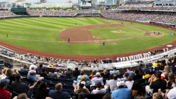 OMAHA, NE - JUNE 25: (EDITORS NOTES: This is a panoramic stitched from separate photos) The opening pitch of the Vanderbilt Commodores vs. the Michigan Wolverines in the 2019 NCAA Baseball Men's College World Series National Championship at TD Ameritrade Park on June 25, 2019 in Omaha, Nebraska. (Photo by James Blakeway/Blakeway World Panoramas/Getty Images)