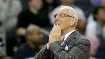 CHARLOTTE, NC - MARCH 16: Head coach Roy Williams of the North Carolina Tar Heels looks on from the sideline against the Lipscomb Bisons during the first round of the 2018 NCAA Men's Basketball Tournament at Spectrum Center on March 16, 2018 in Charlotte, North Carolina. (Photo by Streeter Lecka/Getty Images)