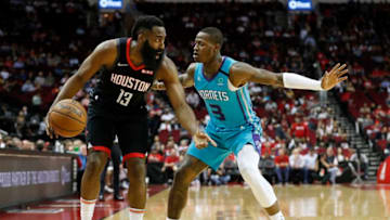 Charlotte Hornets Terry Rozier guards James Harden. (Photo by Tim Warner/Getty Images)