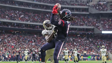 Nov 29, 2015; Houston, TX, USA; Houston Texans wide receiver DeAndre Hopkins (10) is unable to make a catch during the third quarter as New Orleans Saints cornerback Brandon Browner (39) defends at NRG Stadium. The Texans defeated the Saints 24-6. Mandatory Credit: Troy Taormina-USA TODAY Sports
