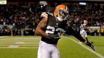 Nov 3, 2013; Cleveland, OH, USA; Cleveland Browns cornerback Joe Haden (23) reacts during the second quarter against the Baltimore Ravens at FirstEnergy Stadium. Mandatory Credit: Ken Blaze-USA TODAY Sports