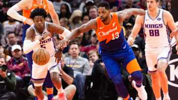 CLEVELAND, OH - DECEMBER 7: De'Aaron Fox #5 of the Sacramento Kings steals from Tristan Thompson #13 of the Cleveland Cavaliers during the first half at Quicken Loans Arena on December 7, 2018 in Cleveland, Ohio. NOTE TO USER: User expressly acknowledges and agrees that, by downloading and/or using this photograph, user is consenting to the terms and conditions of the Getty Images License Agreement. (Photo by Jason Miller/Getty Images)