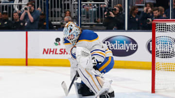 Dec 7, 2022; Columbus, Ohio, USA; Buffalo Sabres goalie Ukko-Pekka Luukkonen (1) makes a save against the Columbus Blue Jackets during the second period at Nationwide Arena. Mandatory Credit: Russell LaBounty-USA TODAY Sports