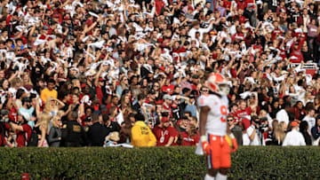 COLUMBIA, SOUTH CAROLINA - NOVEMBER 30: Travis Etienne #9 of the Clemson Tigers waits for a kick return in front of the fans of the South Carolina Gamecocks during their game at Williams-Brice Stadium on November 30, 2019 in Columbia, South Carolina. (Photo by Streeter Lecka/Getty Images)