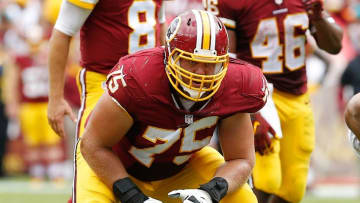 Sep 13, 2015; Landover, MD, USA; Washington Redskins offensive tackle Brandon Scherff (75) against the Miami Dolphins at FedEx Field. Mandatory Credit: Geoff Burke-USA TODAY Sports
