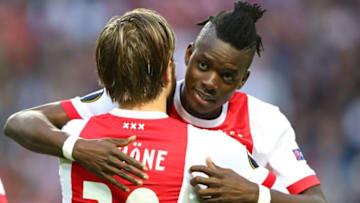 STOCKHOLM, SWEDEN - MAY 24: Lasse Schone of Ajax and Davinson Sanchez of Ajax embrace prior to the UEFA Europa League Final between Ajax and Manchester United at Friends Arena on May 24, 2017 in Stockholm, Sweden. (Photo by Dean Mouhtaropoulos/Getty Images)