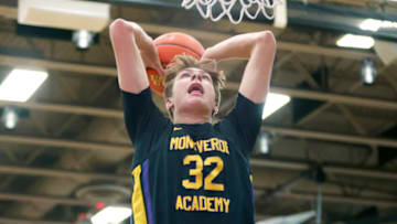 Dec 1, 2022; Montverde, Florida, USA; Montverde Academy forward Cooper Flagg (32) dunks the ball during the second quarter of the Sunshine Classic basketball tournament against IMG Academy at Mills Championship Court on the campus of Montverde Academy. Mandatory Credit: Reinhold Matay-USA TODAY Sports